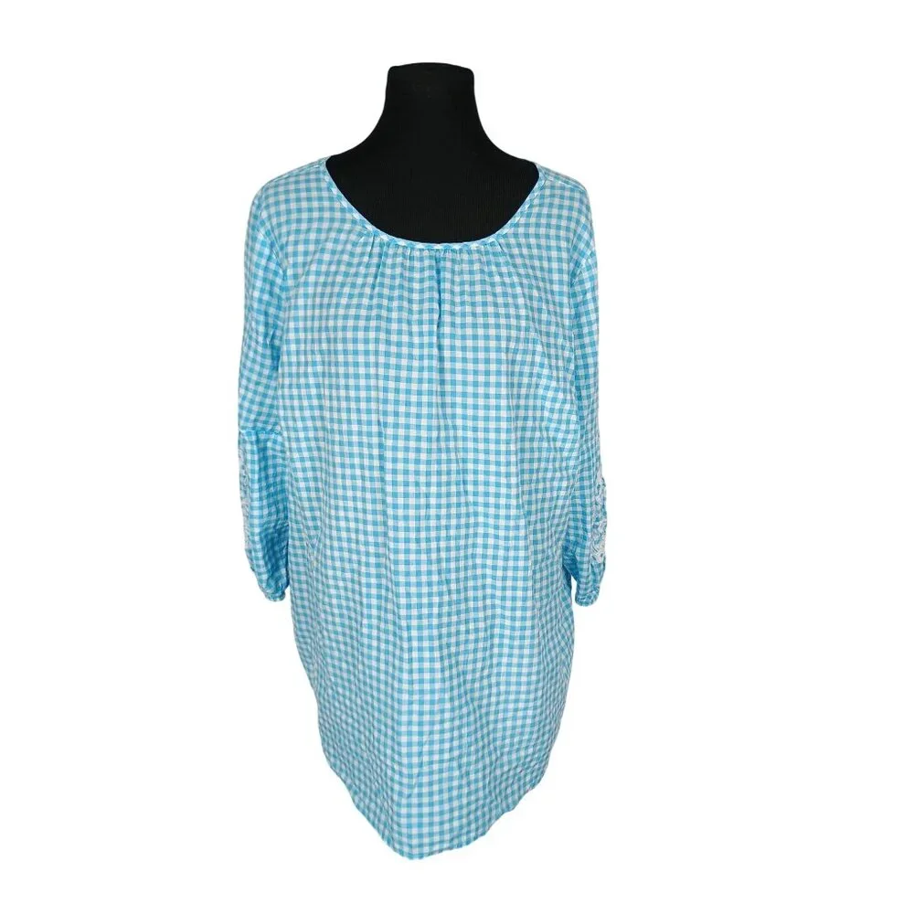 Crown & Ivy 2x Blue White Gingham Floral Tunic Top Blouse Embroidered‎ Detail